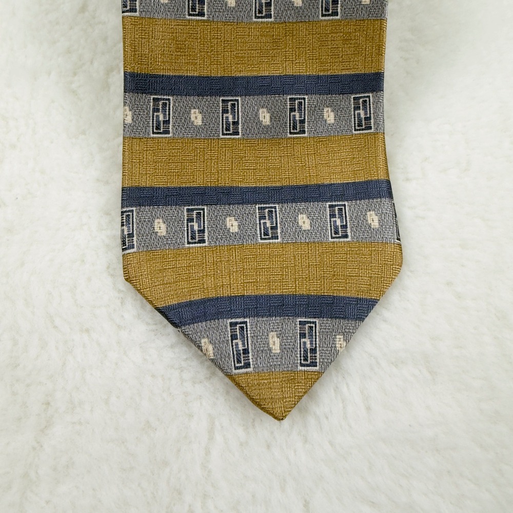 Haggar Collections Mens Silk Tie Gold Blue Grey Geometric Striped Made in USA